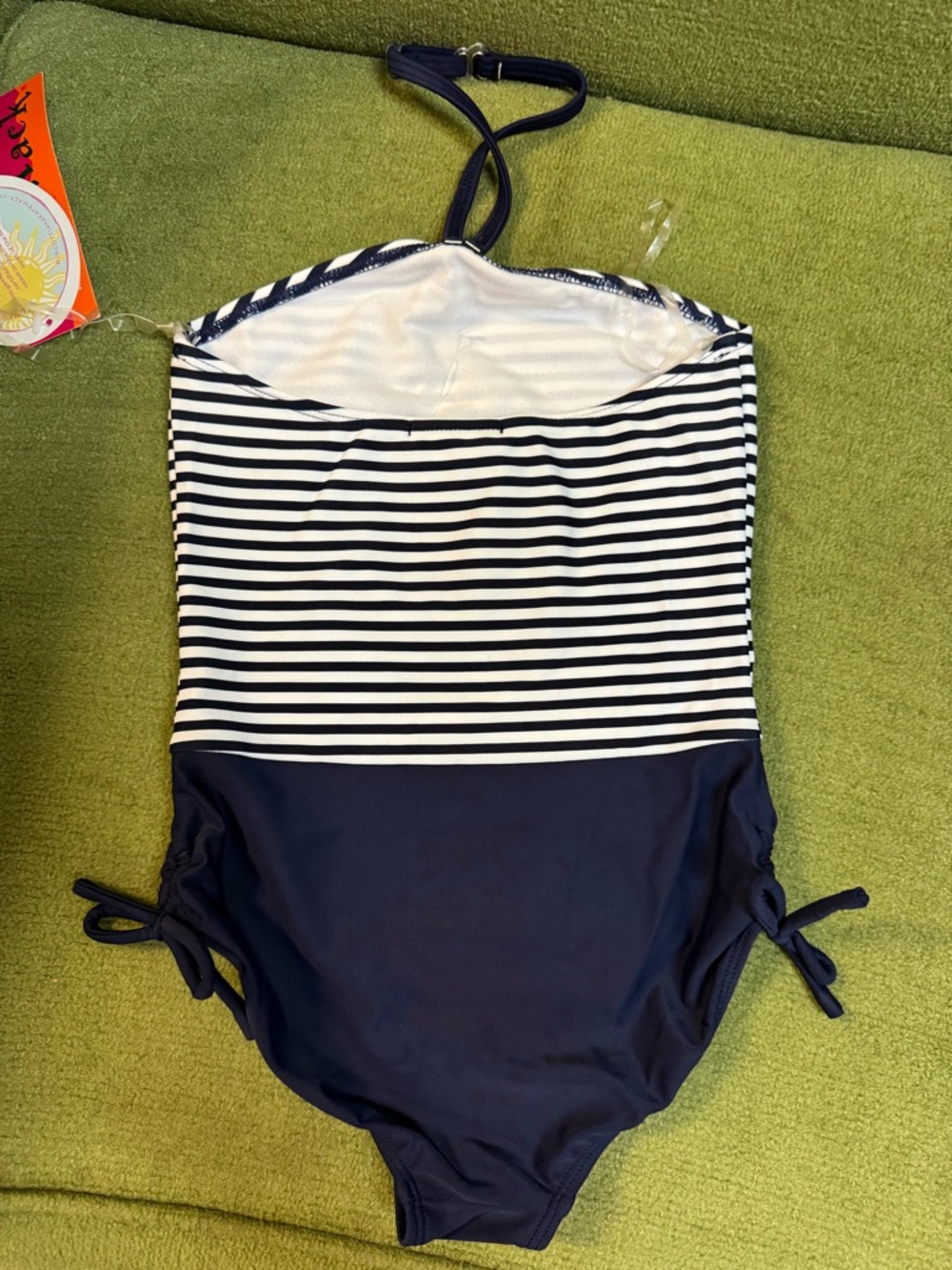 Kate Mack Navy & White Stripe One-Piece with Neon Floral Appliqués - Picture 2 of 6